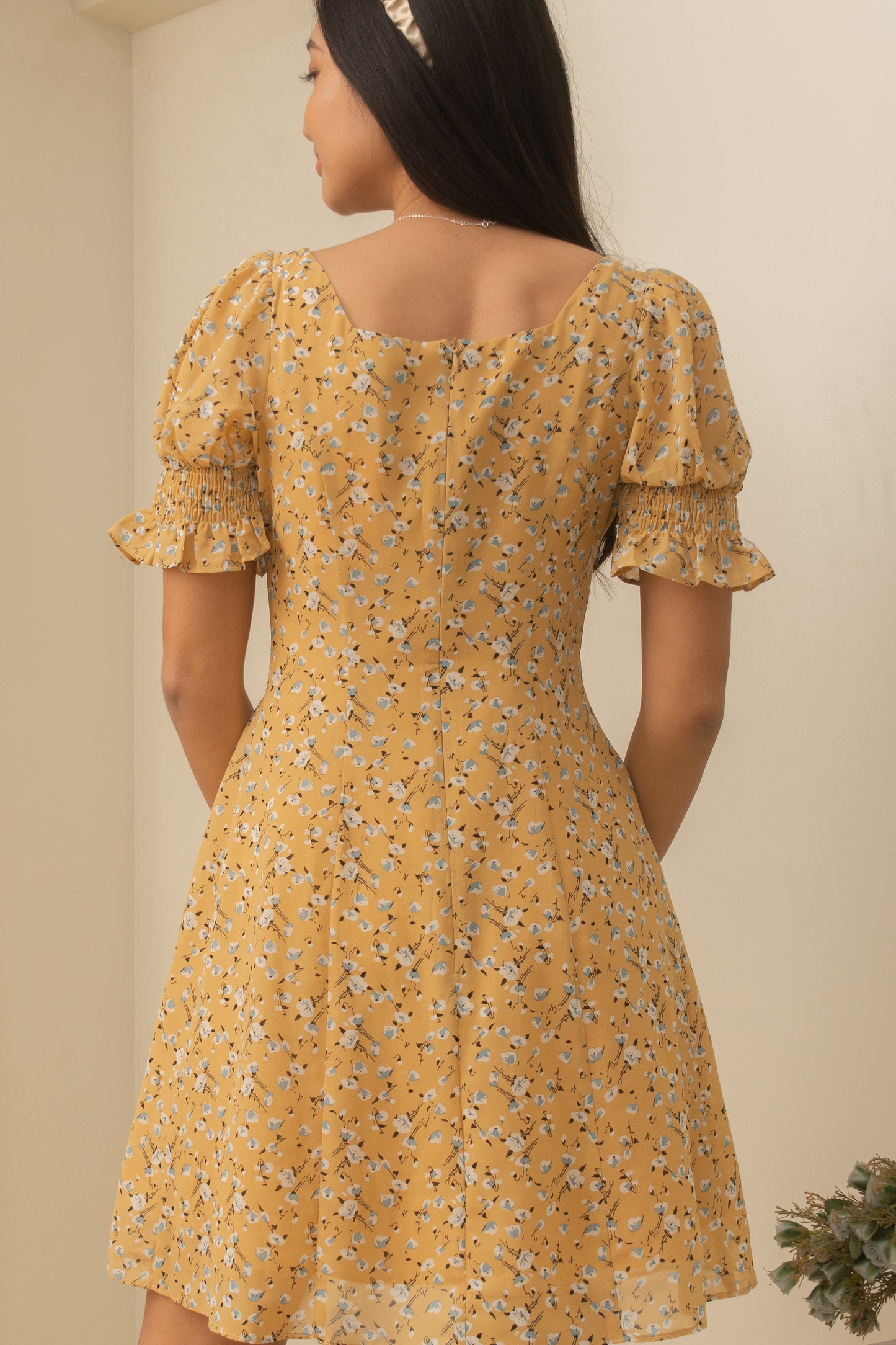 TBDA: Amaryllis Ruched Bust Puff Sleeve Dress - Floral Yellow