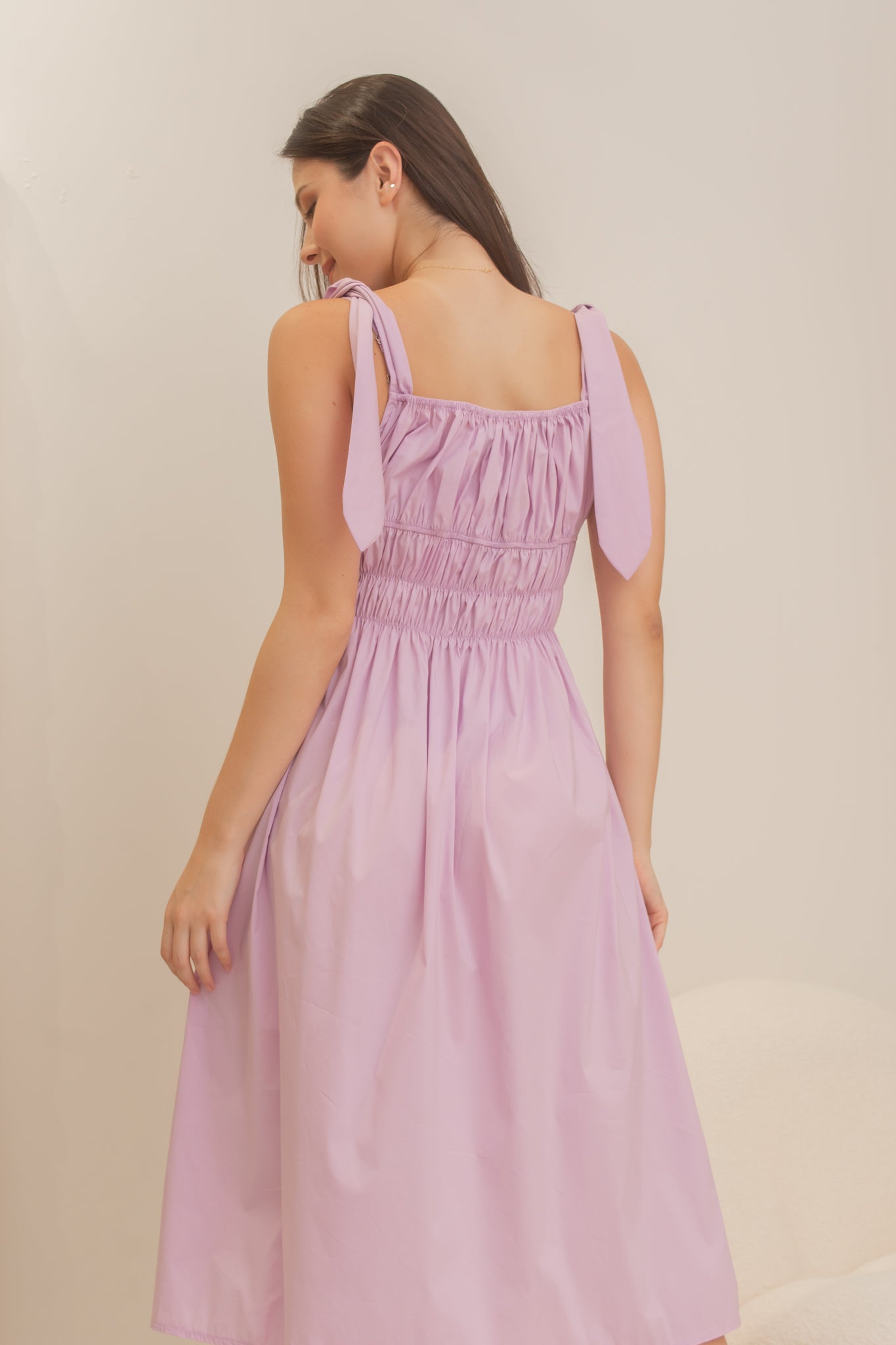 TROPICAL Ruched Style Midi Dress (LILAC)