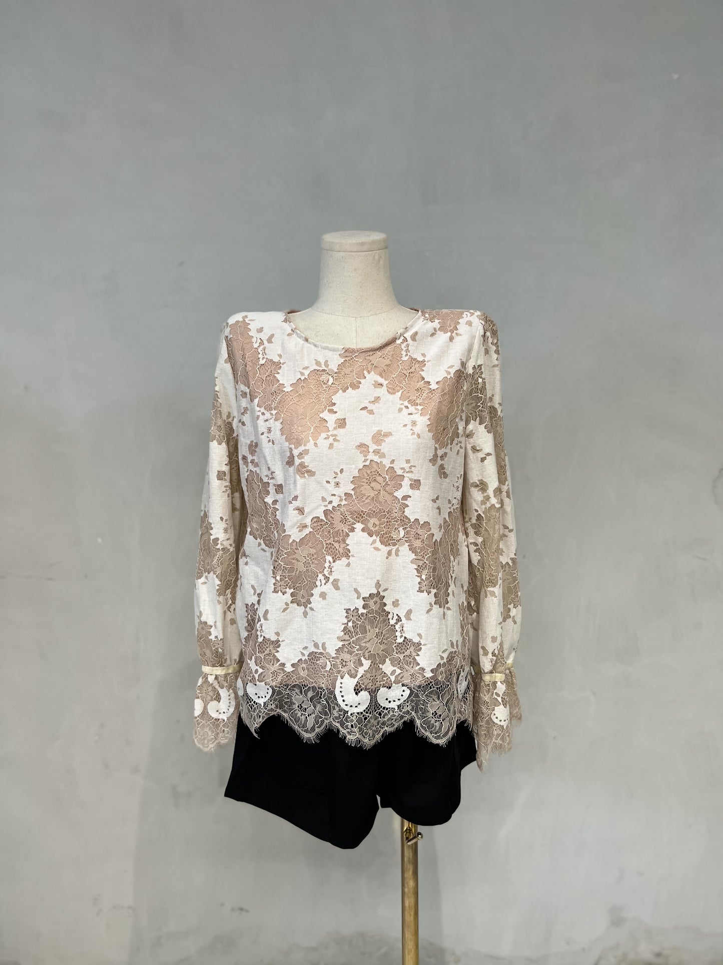 ADRIENNE Round Neck Lace Long Sleeve Top