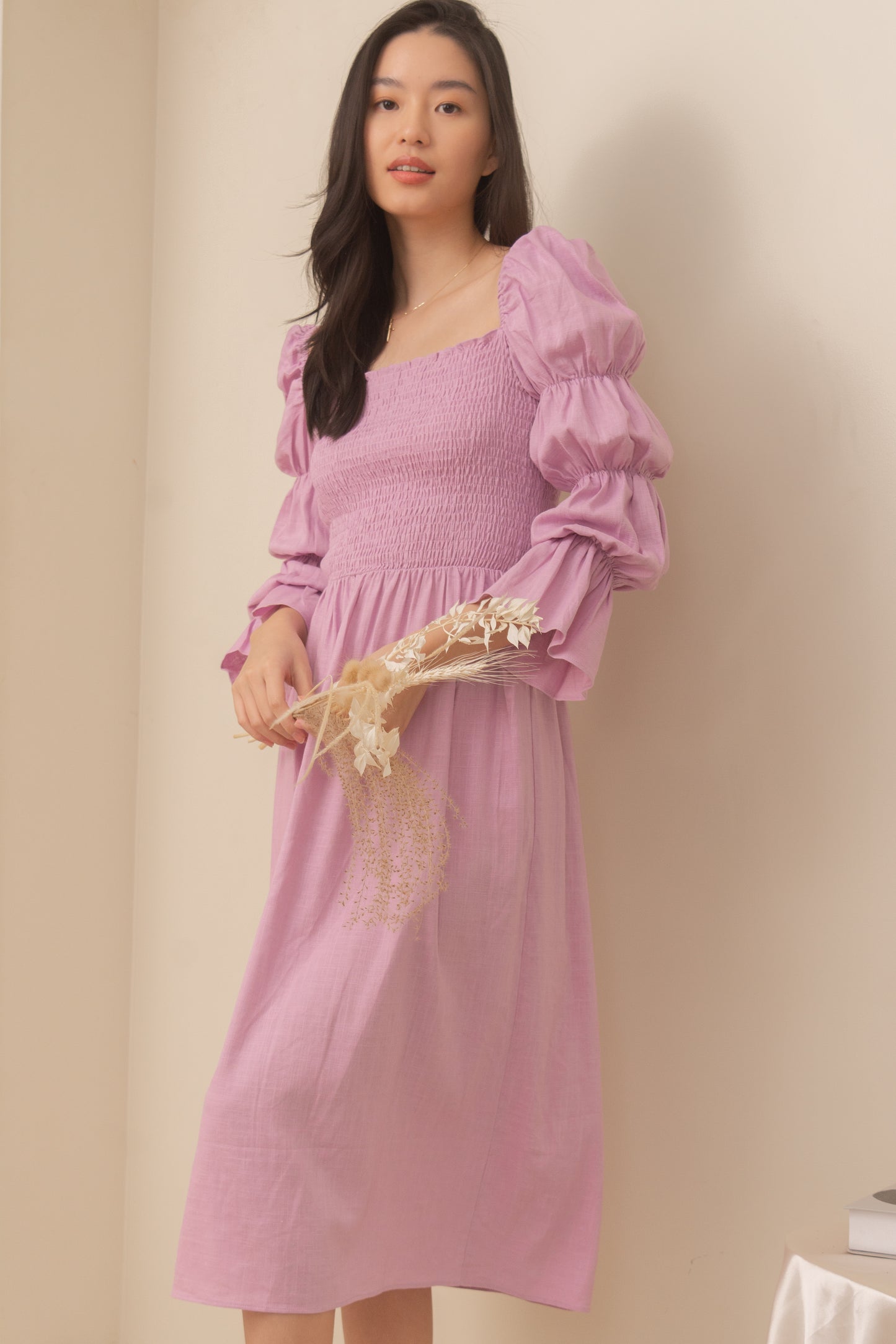 TBDA: Aurore Tiered Puff Sleeve Smocked Dress - Lilac