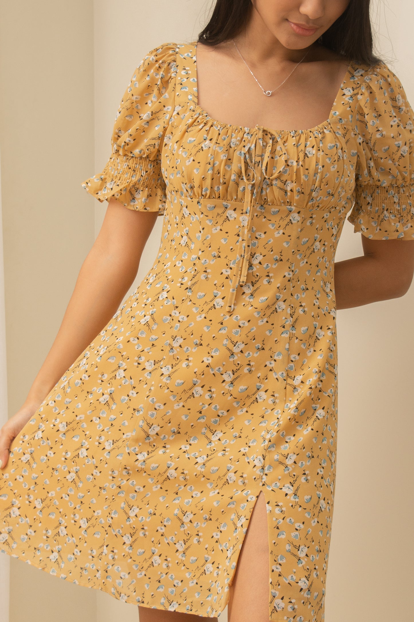 TBDA: Amaryllis Ruched Bust Puff Sleeve Dress - Floral Yellow