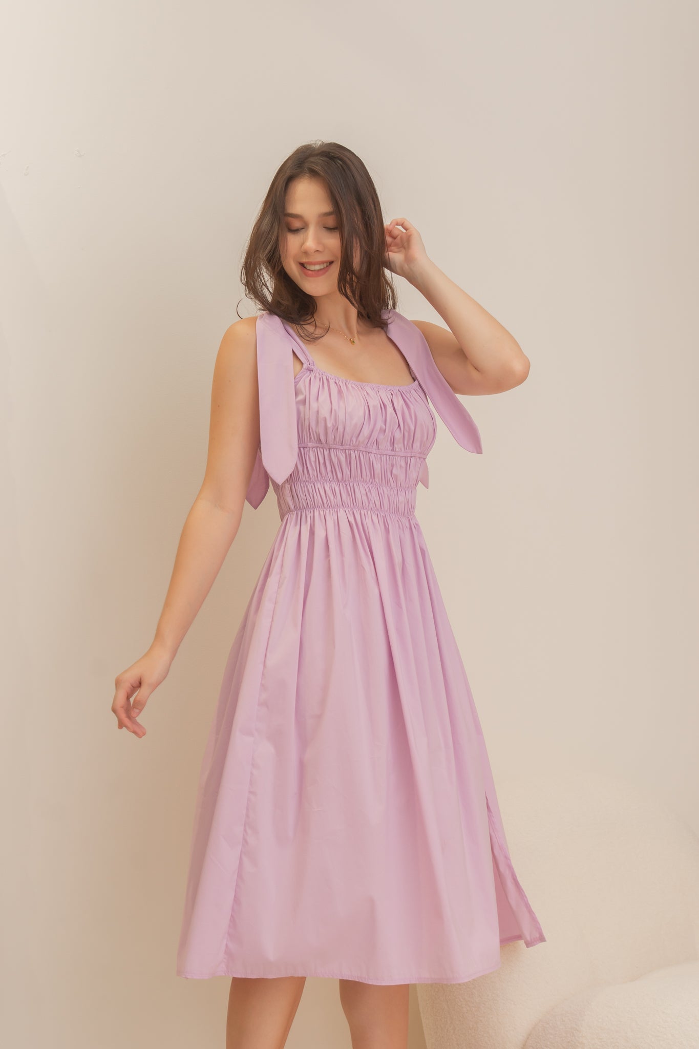 TROPICAL Ruched Style Midi Dress (LILAC)
