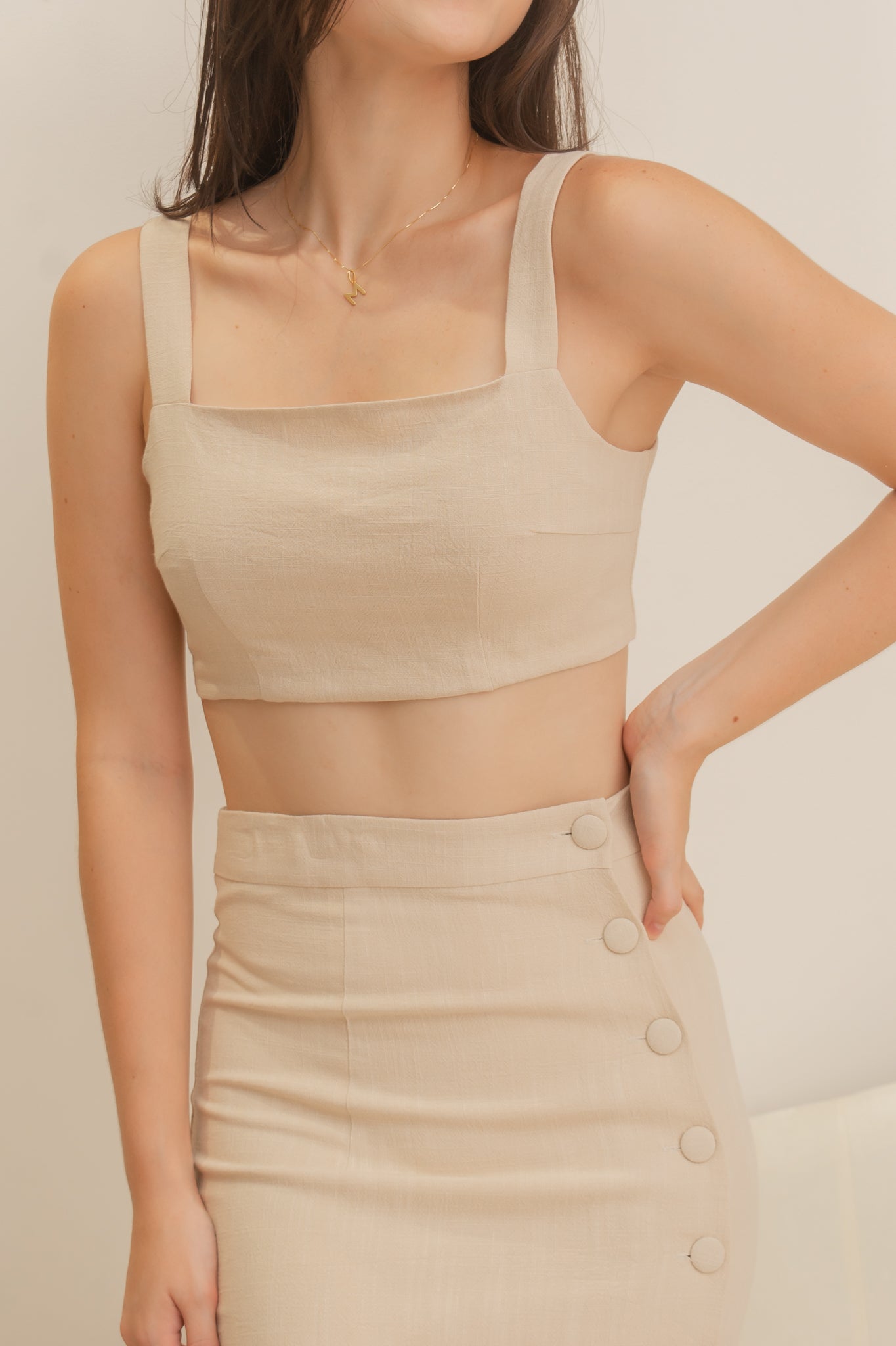 ARTEMIS Linen Coordinates: Square Neck Top & Buttoned Midi Skirt (NUDE BEIGE)
