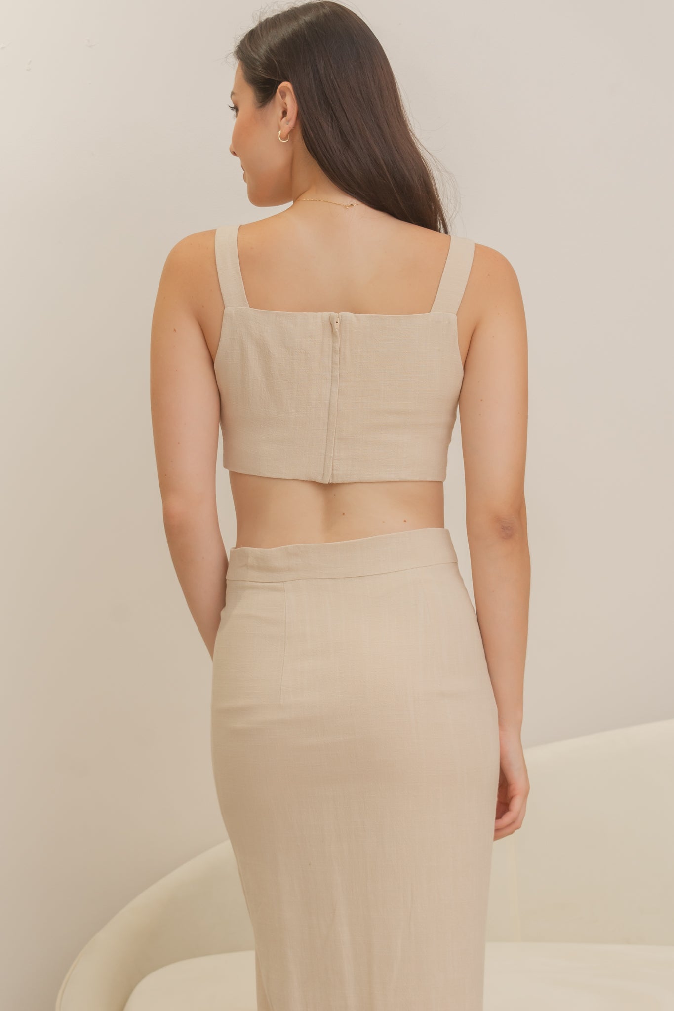 ARTEMIS Linen Coordinates: Square Neck Top & Buttoned Midi Skirt (NUDE BEIGE)
