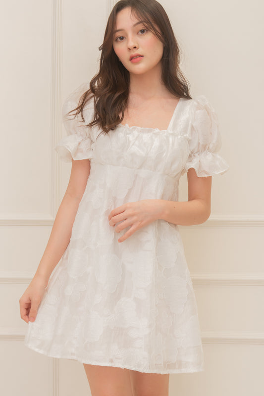 BLOOM Puff Sleeve Textured Babydoll Dress (WHITE)