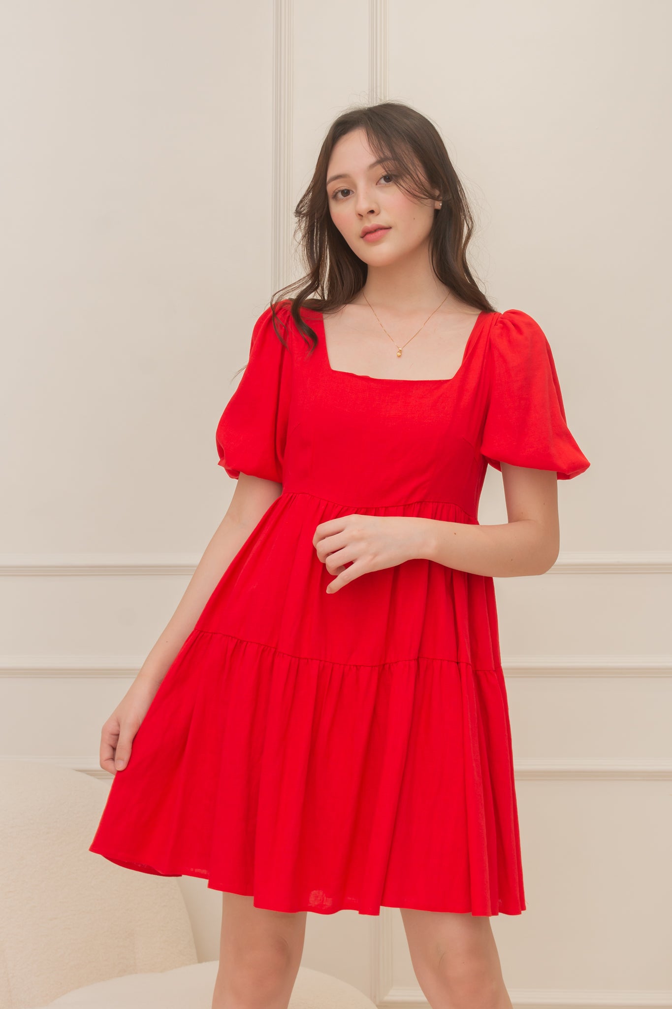BRITTNEY Puff Sleeve Babydoll Dress (RED)