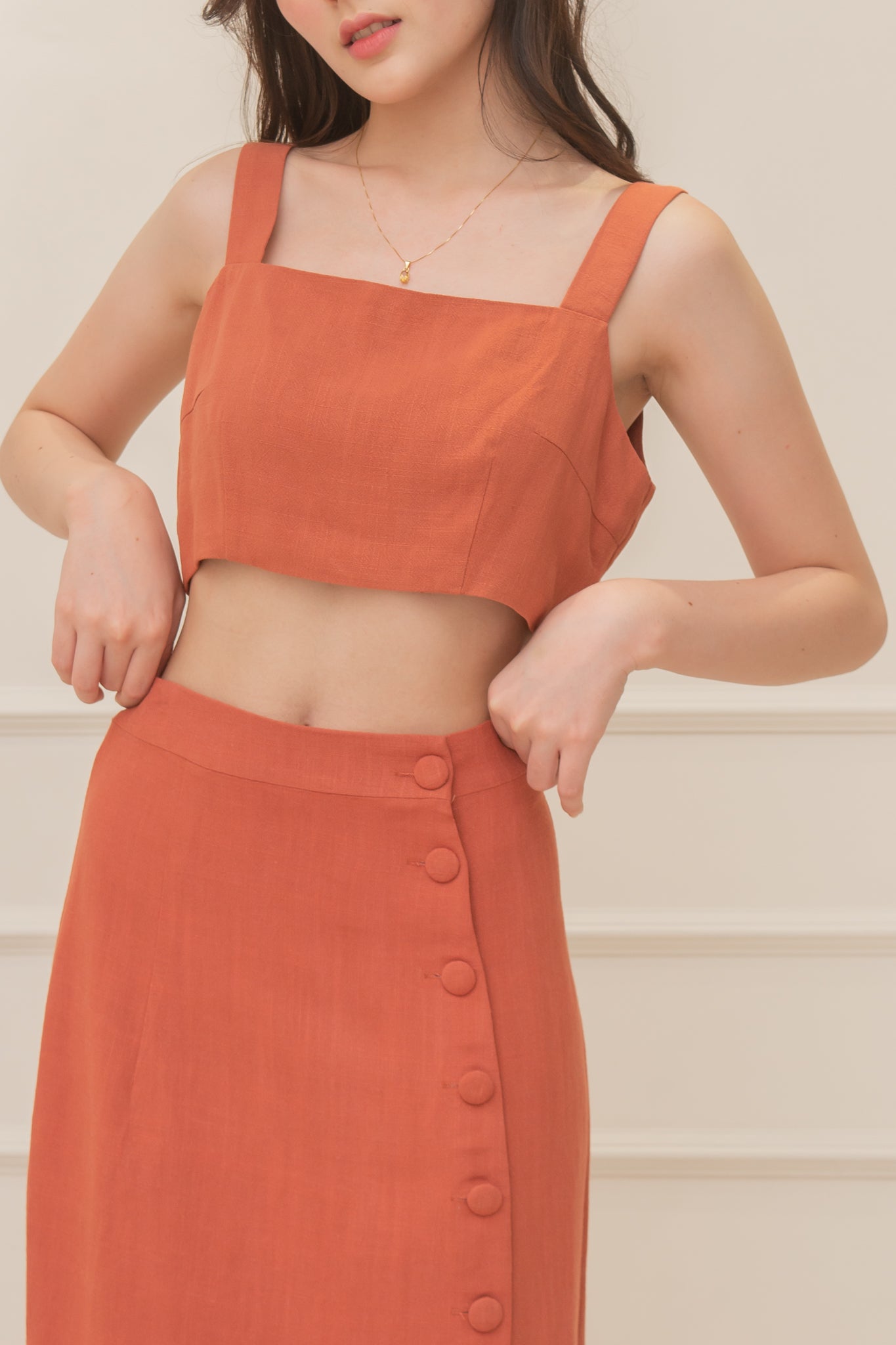 ARTEMIS Linen Coordinates: Square Neck Top & Buttoned Midi Skirt (RUST)