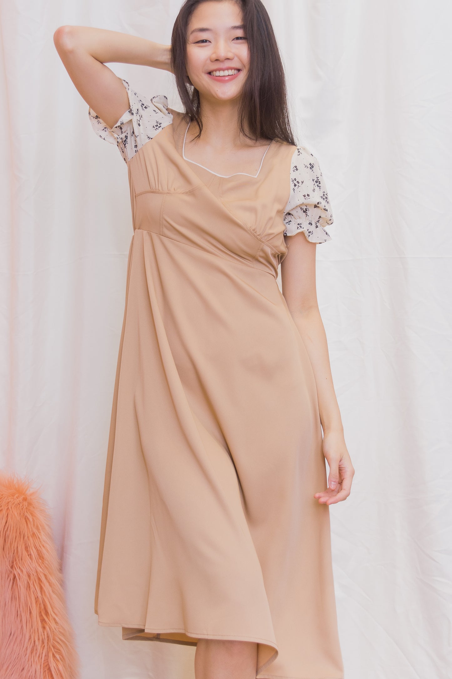 JANICE Plain / Floral Puff Sleeve Dress