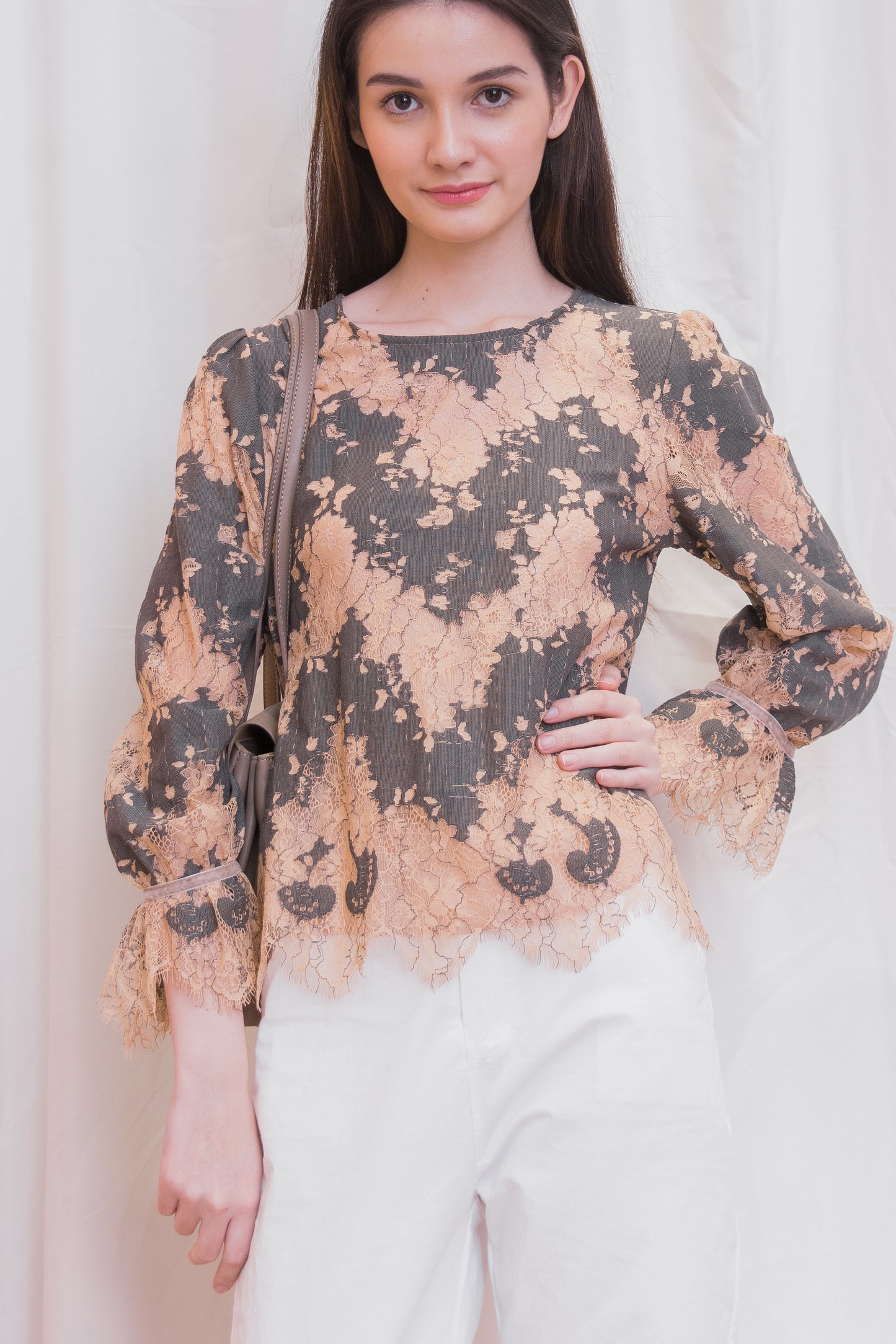ADRIENNE Round Neck Lace Long Sleeve Top