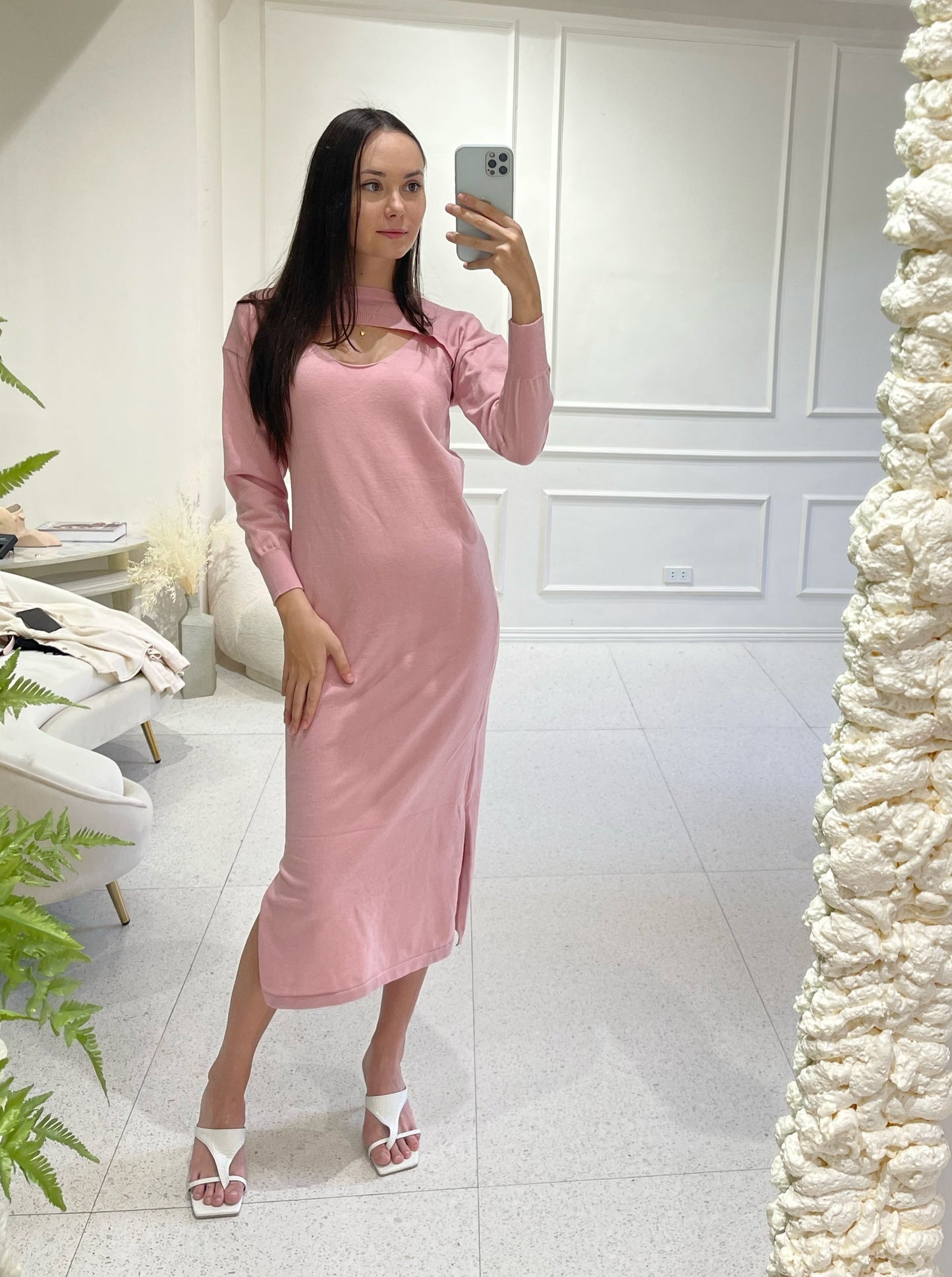 TILLY Dress with Long Sleeves Cover Up Cardigan (PINK)