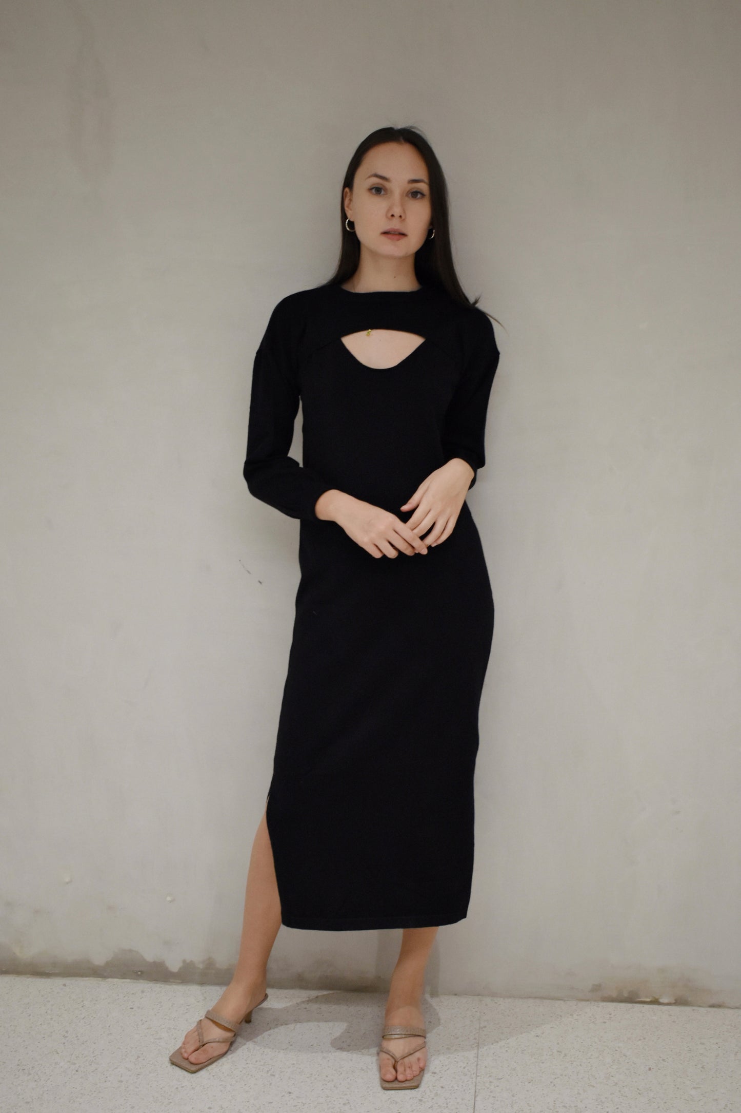 TILLY Dress with Long Sleeves Cover Up Cardigan (BLACK)