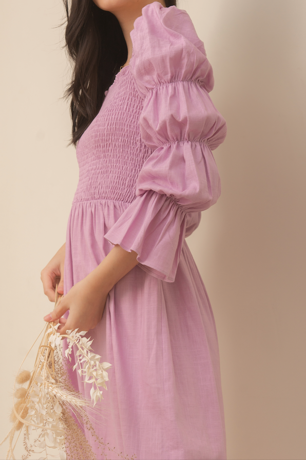TBDA: Aurore Tiered Puff Sleeve Smocked Dress - Lilac